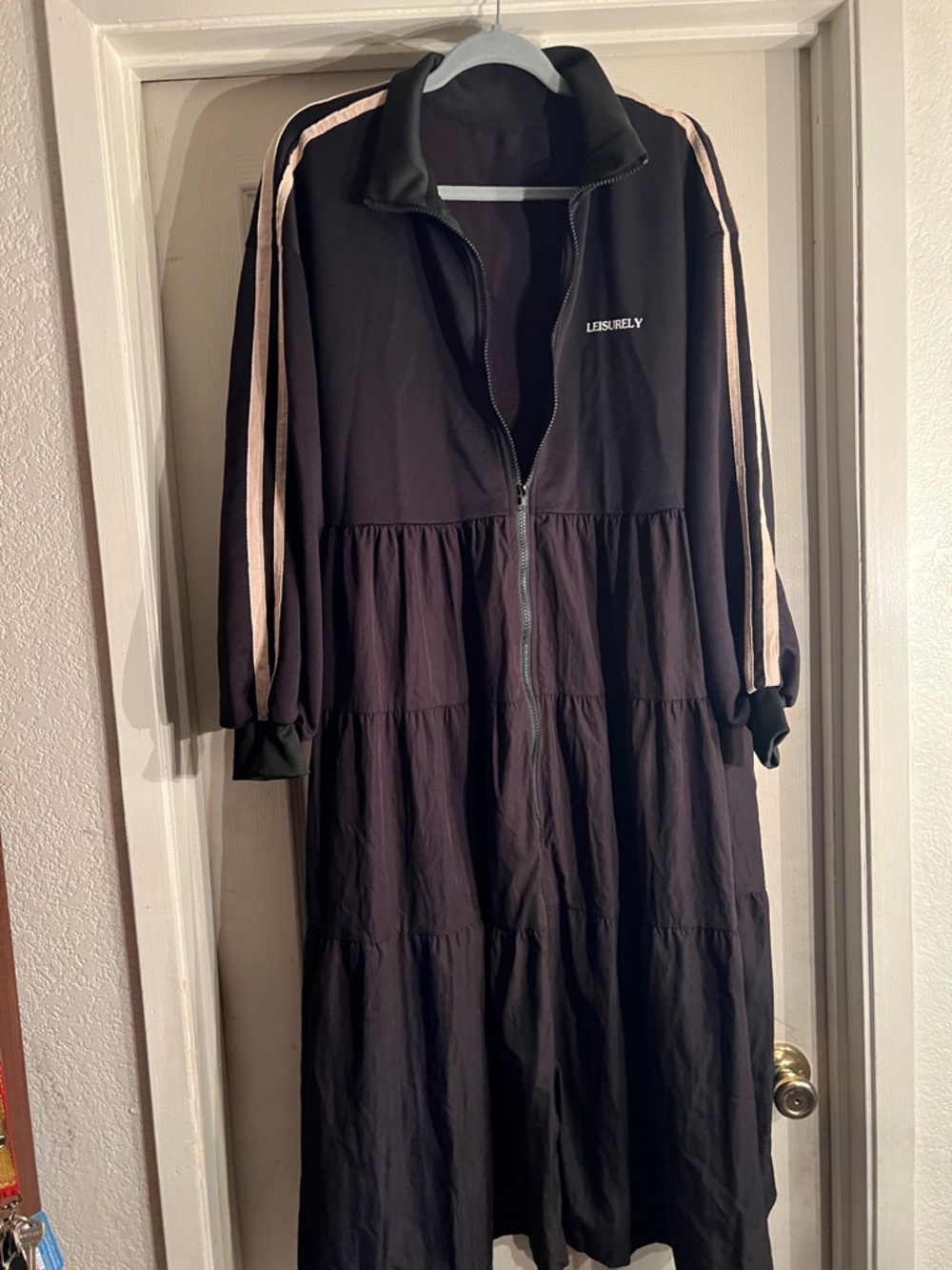Black Tiered Zip-Front Dress or light Coat with stripes